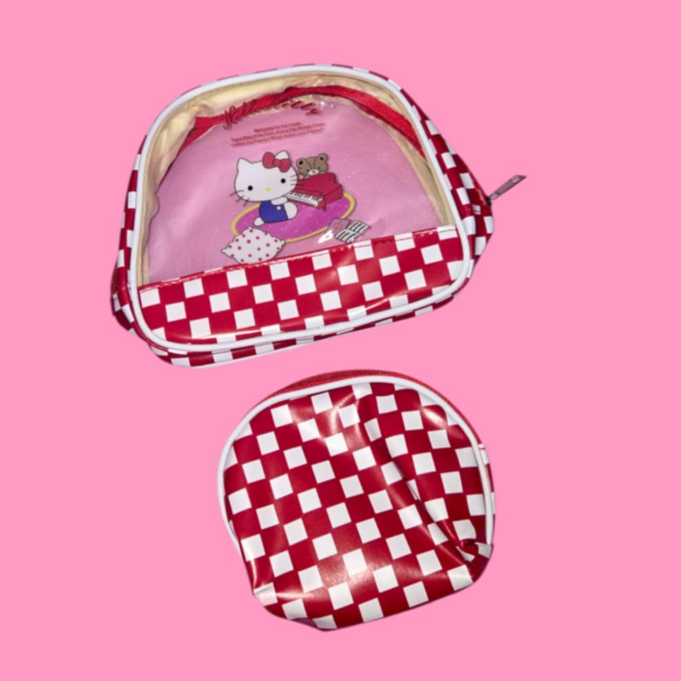 White Cat & Friends Checkered 2 Pc Makeup Bag