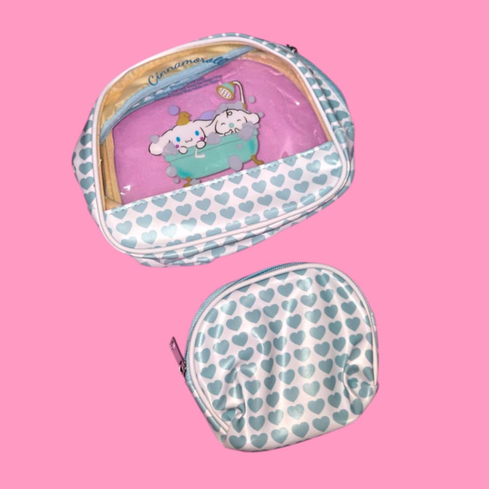 White Cat & Friends Checkered 2 Pc Makeup Bag