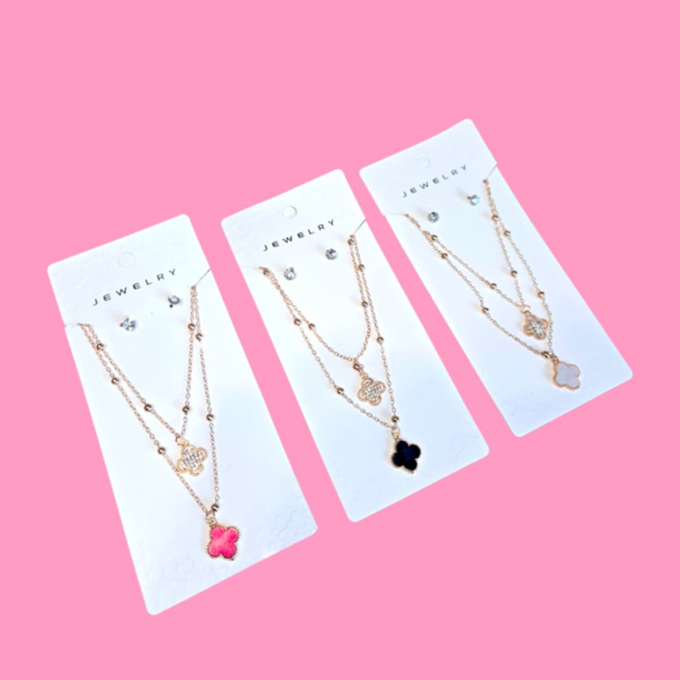Clover Double Layer Necklace W/Studs