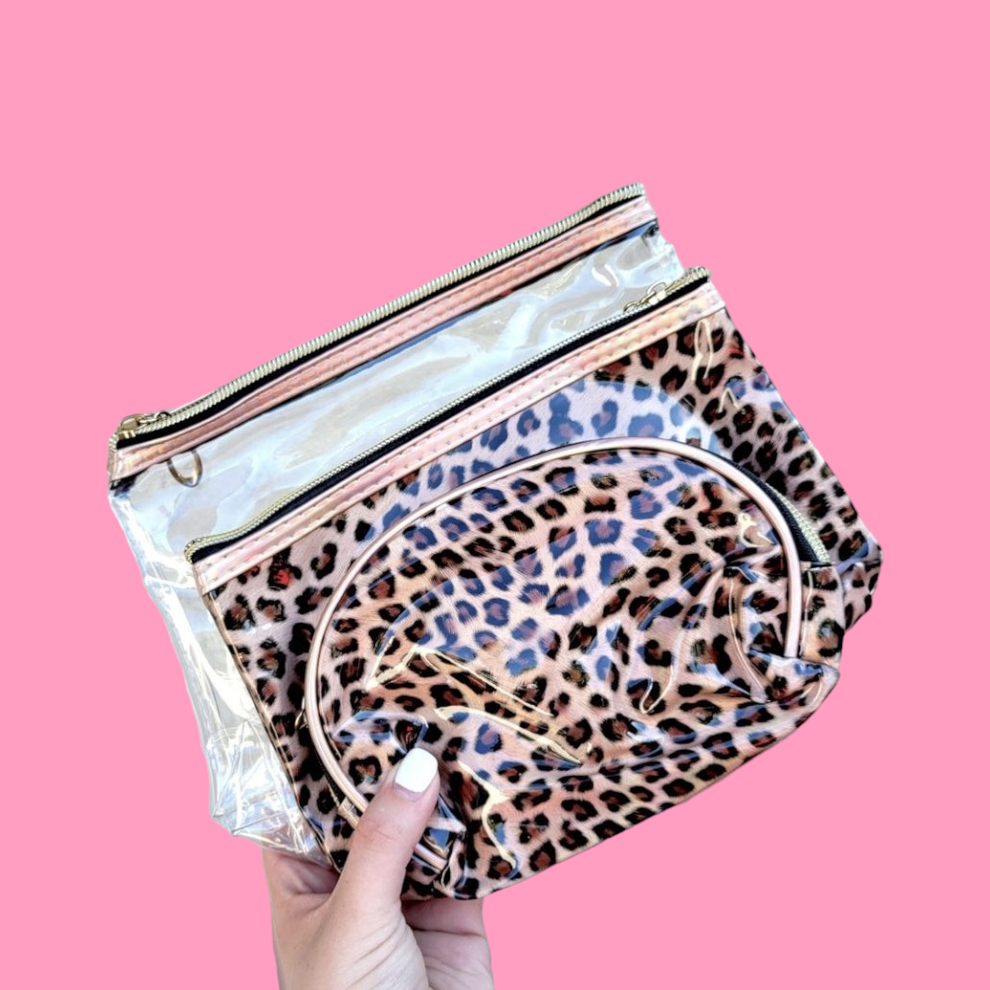 3 Pc Cheetah Makeup Bag Set