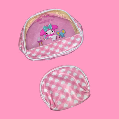 White Cat & Friends Checkered 2 Pc Makeup Bag