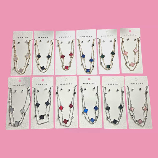 Clover Double Layer Necklace W/Studs