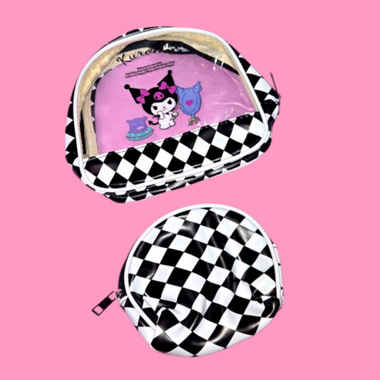 White Cat & Friends Checkered 2 Pc Makeup Bag